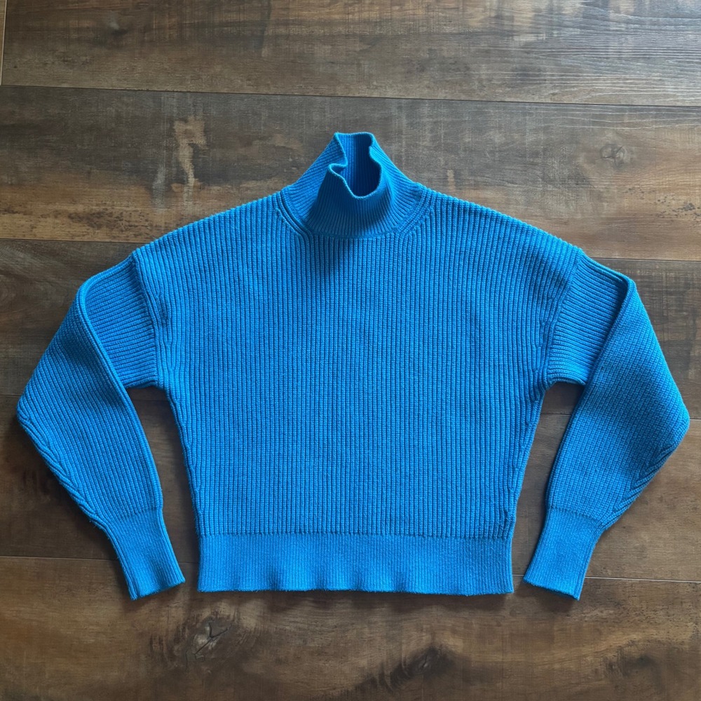 J.Crew Ribbed Turtleneck Cropped Sweater Stretch Yarn Barcelona Blue Sz XXS SEE